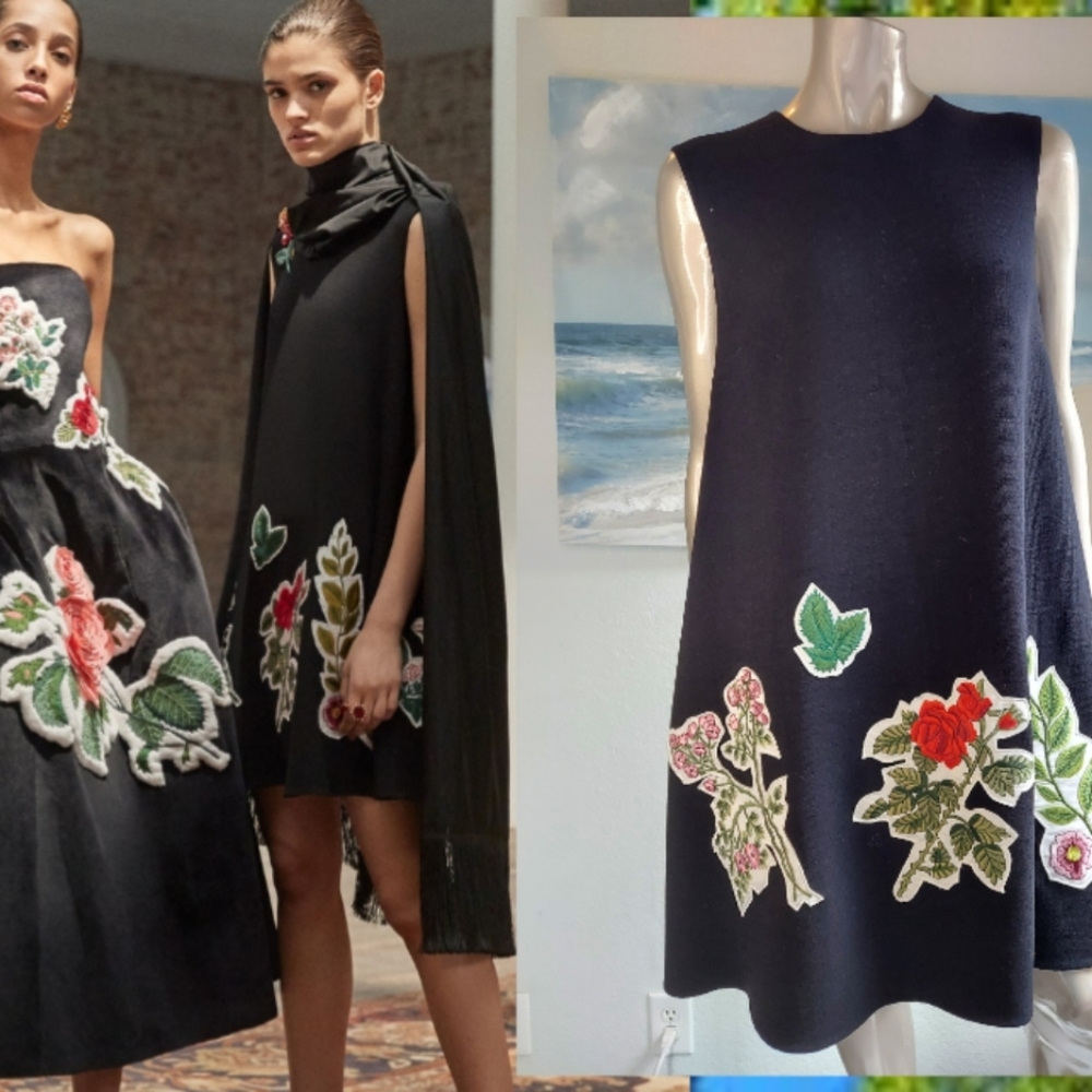 $3,990 NEW OSCAR DE LA RENTA BLACK FLORAL EMBROID WOOL DAY DRESS US 8 M